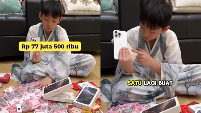 Seorang bocah unboxing angpao dapat Rp77,5 juta, ditambah dua unit iPhone 16 Pro Max.