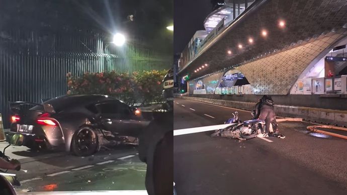 Sebuah mobil sport Toyota Supra menabrak tiang lampu jalan dengan keras di Jalan M.H. Thamrin, Jakarta Pusat, tepatnya di dekat Bundaran HI, pada Senin, 3 Januari 2025 dini hari.