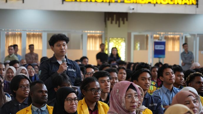 Para mahasiswa berkesempatan bertanya dan berdialog dengan Presiden Direktur PTFI Tony Wenas saat Kuliah Umum di Universitas Sriwijaya (UNSRI) bertajuk  <b>(Dok: NTVnews.id)</b>