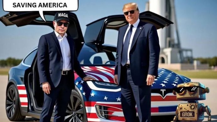 Poster kampanye dukungan CEO Tesla Elon Musk terhadap Presiden Terpilih Amerika Serikat Donald Trump, yang ia bagikan di akun X, Senin (21/10/2024).