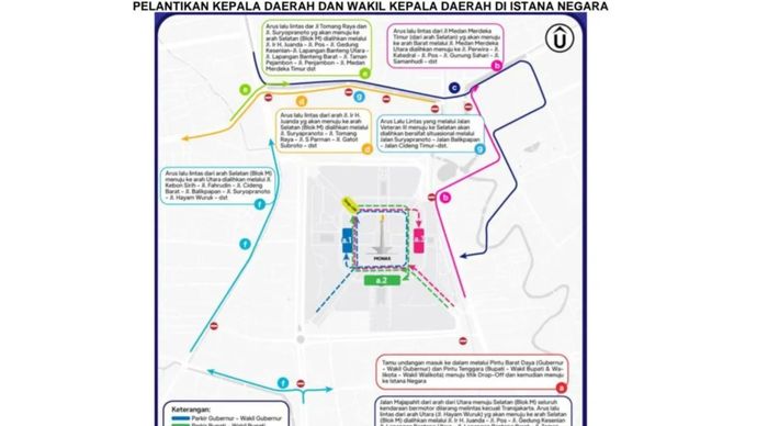 Denah rekayasa lalu lintas di sekitar kawasan Istana Negara saat pelantikan kepala daerah pada Kamis (20/2/2025