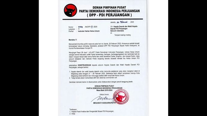 Surat Instruksi Ketua Umum PDIP Megawati Soekarnoputri.