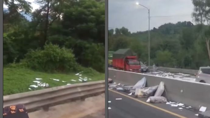 Bukannya menolong, sejumlah warga menjarah kasur lantai dari truk muatan Kertas dan kasur lantai yang mengalami kecelakaan di Tol Cipularang KM 90 arah Jakarta