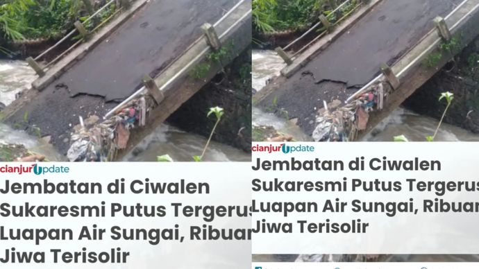 Sebuah jembatan Desa di Kampung Cibogo, RT 001/RW 013, Desa Ciwalen, Kecamatan Sukaresmi, Kabupaten Cianjur putus akibat tergerus luapan air sungai yang disebabkan curah hujan tinggi pada Senin malam (3/3/2025) sekitar jam 22.00 WIB.