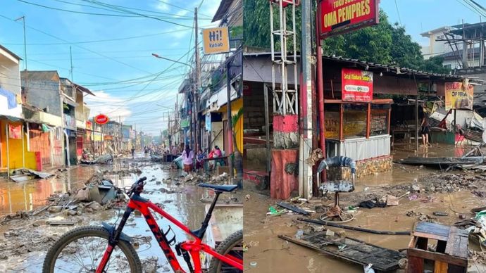 Pantauan pada Rabu (5/3/2025) pagi ini, lumpur terlihat berada di jalan-jalan dan halaman rumah warga sekitar dan sampah barang berharga milik warga berserakan penuh lumpur bak habis terkena tsunami.