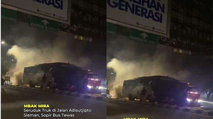 Bus PO Mira menyeruduk bokong truk di Jalan Laksda Adisutjipto, Caturtunggal, Depok, Sleman, dini hari tadi. Kecelakaan ini mengakibatkan sopir bus tewas dan sejumlah penumpang luka.