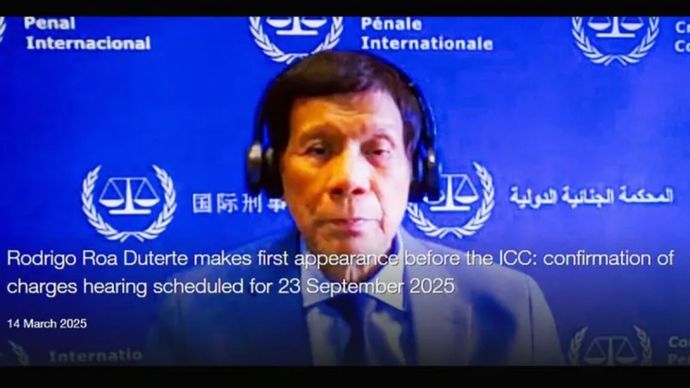 Mantan Presiden Filipina Rodrigo R. Duterte untuk pertama kalinya hadir di hadapan Mahkamah Pidana Internasional (ICC) melalui tautan video pada Jumat, 14 Maret 2025 waktu Manila dengan persidangan selanjutnya untuk konfirmasi dakwaan dijadwalkan pada 23 September.Mantan Presiden Filipina Rodrigo R. Duterte untuk pertama kalinya hadir di hadapan Mahkamah Pidana Internasional (ICC) melalui tautan video pada Jumat, 14 Maret 2025 waktu Manila dengan persidangan selanjutnya untuk konfirmasi dakwaan dijadwalkan pada 23 September.