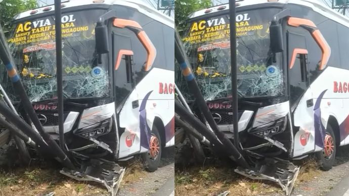 Begini kondisi kendaraan Bus Bagong dan mobil Panther yang terlibat insiden kecelakaan di Ngantru siang ini (17/03) Belum diketahui kabar terkini para pengendara kedua kendaraan tersebut