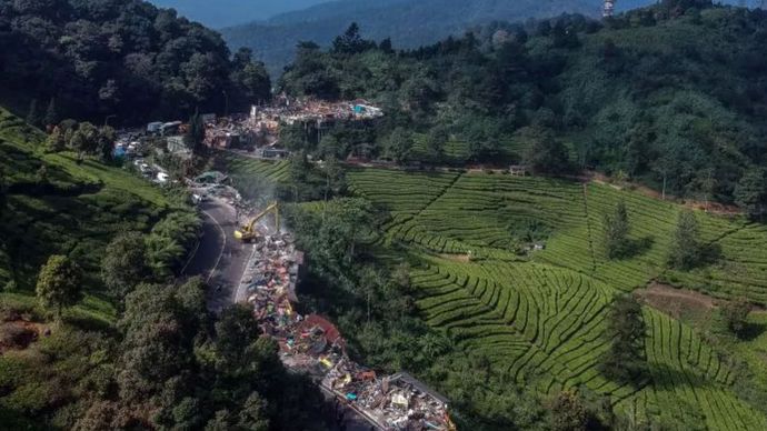 Foto udara pembongkaran lapak Pedagang Kaki Lima (PKL) di kawasan wisata Puncak, Cisarua, Kabupaten Bogor, Jawa Barat.