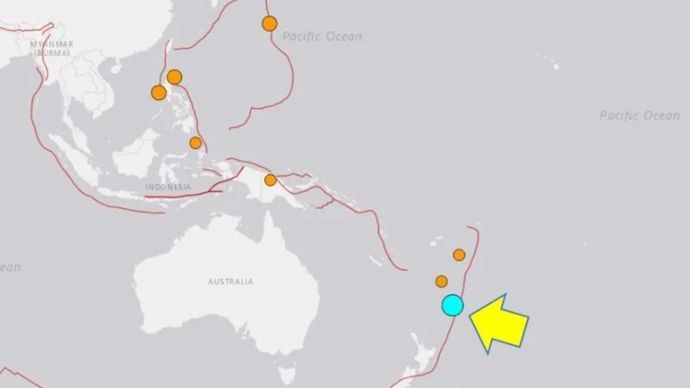 Peta pusat gempa magnitudo 7,1 di wilayah Kepulauan Kermadec, Selandia Baru yang dirilis BMKG.