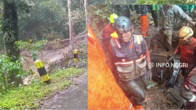 Bencana tanah longsor yang terjadi di ruas jalan Sumber Brantas, Pacet-Cangar, Mojokerto, Jawa Timur, pada Kamis, 3 April 2025 siang.