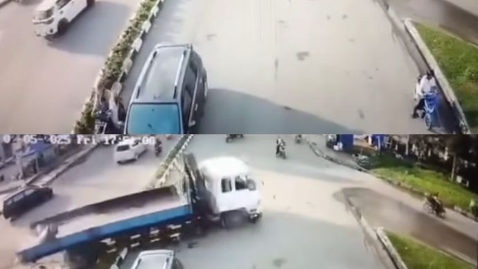 Sebuah truk diduga mengalami rem blong dan menabrak sejumlah sepeda motor di persimpangan lampu merah dekat SPBU Vitka, Batam, Sabtu 3 Mei 2025/Ist