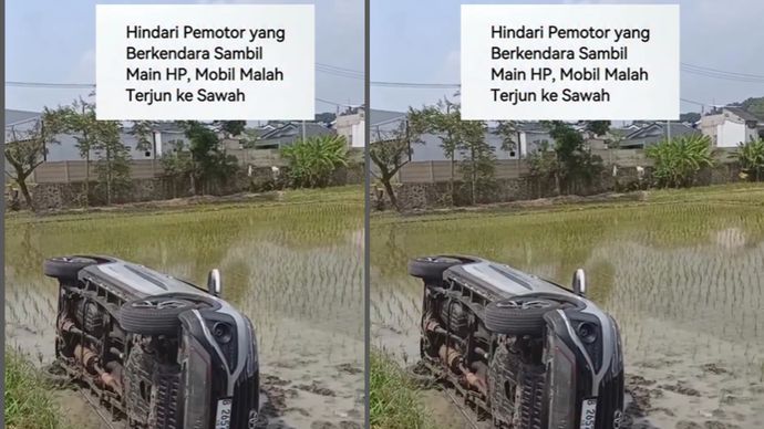  Toyota Rush Kebalik Nyungsep ke Sawah Usai Hindari Pemotor Main Handphone