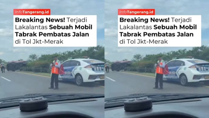 Breaking News! Terjadi Lakalantas Sebuah Mobil Tabrak Pembatas Jalan di Tol Jkt-Merak  Untuk kronologi lengkapnya masih belum diketahui, buat warga yang ada di lokasi boleh di tambahkan infonya????????