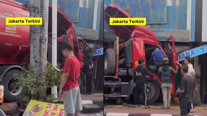 Truk Tangki Pertamina Tabrak Warung Bakso