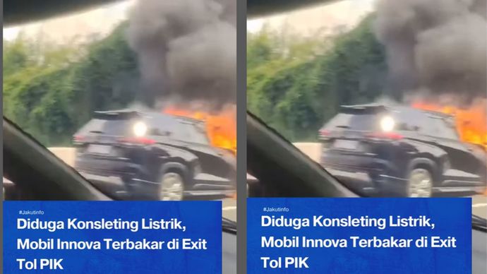 Sebuah mobil merek Toyota Innova Zenix terbakar di Pintu Keluar Tol Pantai Indah Kapuk (PIK), tepatnya di Jalan Perumahan Long Beach, Kapuk Muara, Penjaringan, Jakarta Utara, Rabu (14/5/2025). 
