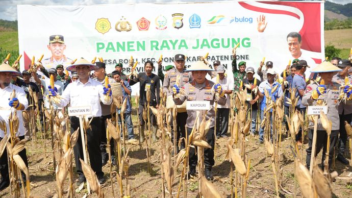 Kapolri Jenderal Listyo Sigit Prabowo dan Mentan Amran Sulaiman melaksanakan panen raya jagung di Desa Bolli, Bone, Sulawesi Selatan (Sulse), Jumat (16/5/2025). Kegiatan ini juga dihadiri oleh kelompok tani, Forkopimda dan seluruh stakeholder terkait lainnya. 
