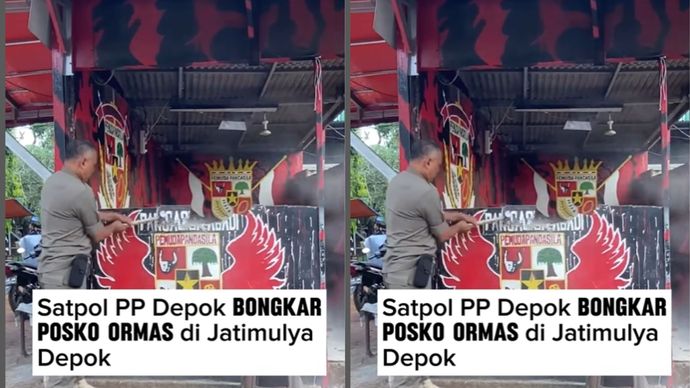 Posko salah satu ormas di pertigaan GDC&ndash;Kampung Sawah dibongkar oleh Satpol PP Kota Depok siang ini.