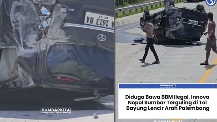 Mobil Toyota Innova bernomor polisi (nopol) Sumatera Barat (Sumbar), BA 1613 BA, terguling di Jalan Tol Bayung Lencir-Tempino pada Selasa (20/5) siang. Mobil tersebut diduga membawa BBM ilegal. BBM yang dibawa mobil tersebut tumpah ke aspal. 