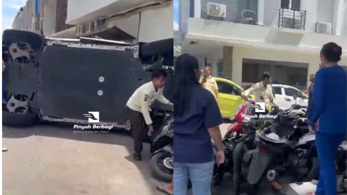Mobil mewah yang dikendarai oleh ibu - ibu menghantam kendaraan roda dua yang sedang parkir di Orchardz, Perdana Square, Kota Pontianak. Selasa 20 Mei 2025 siang.