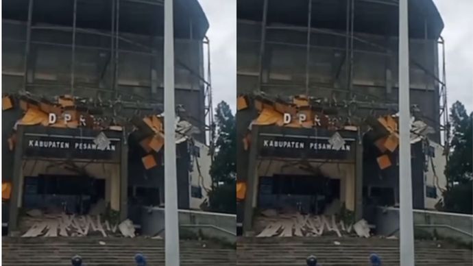 Kantor DPRD Pesawaran rusak usai diterjang angin kencang dua kali pada Jumat siang (23/5). Bagian depan kantor dan plafon ruang dilaporkan ambruk.