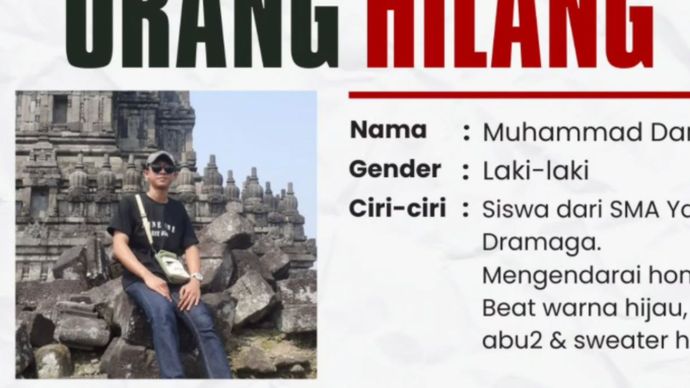 BERITA ORANG HILANG  Seorang remaja bernama Muhammad Dani, siswa dari SMA Yapahi Dramaga, dilaporkan hilang sejak Jumat, 23 Mei 2025 pukul 19.00 WIB dan hingga saat ini belum diketahui keberadaannya.
