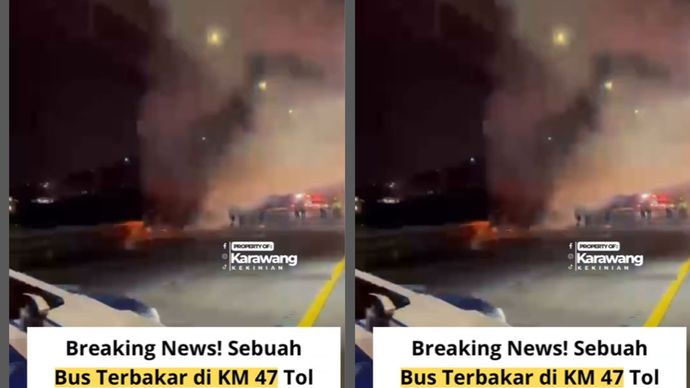 Sebuah Bus terbakar di KM 47 Tol Karawang Barat arah Jakarta. Rabu,(28/5) Malam.  Masih belum diketahui pasti penyebab terbakarnya, saat ini sedang dalam proses pemdaman.