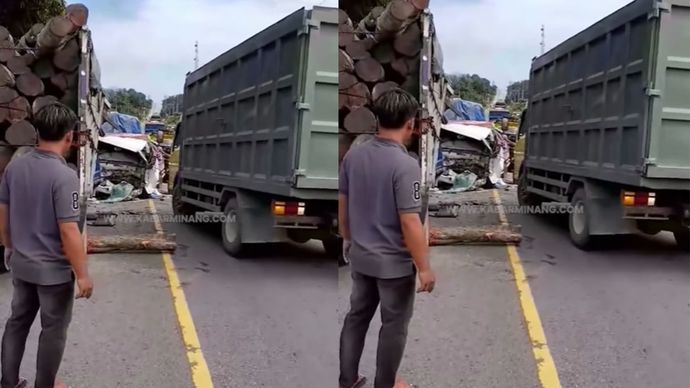 Adu banteng antar truk. Dalam video yang diperoleh, tampak truk muatan kayu bertabrakan adu banteng dengan truk putih hingga mengalami ringsek parah.