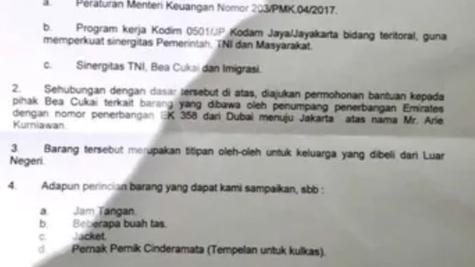 Surat Dandim Jakpus untuk Kepala Bea Cukai Bandara Soekarno-Hatta Terminal 3. 