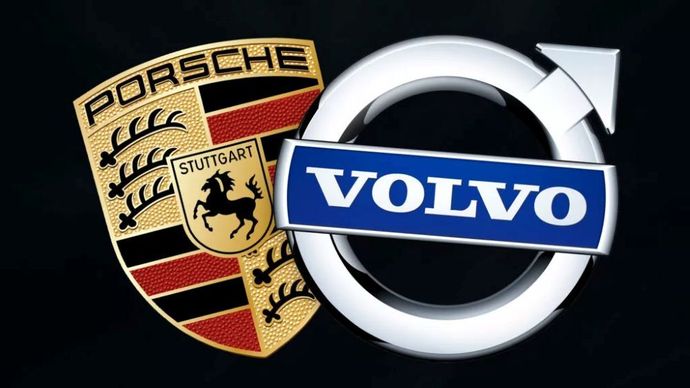 Ilustrasi. Logo Porsche dan Volvo. (Foto: Istimewa via Carscoops)