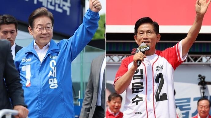 Calon presiden Lee Jae Myung dari Partai Demokrat Korea (kiri) dan Kim Moon Soo dari Partai Kekuatan Rakyat.