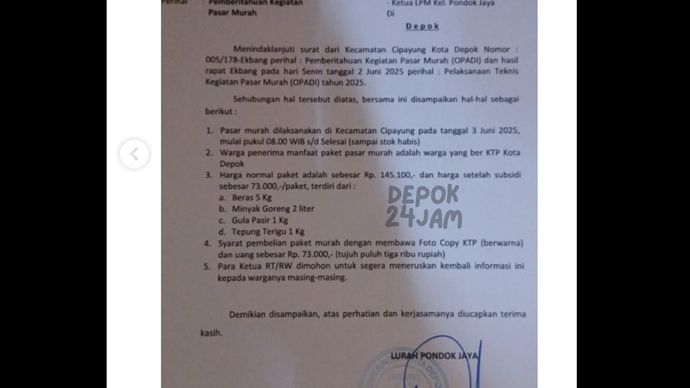 Surat terkait penjualan sembako murah. (Instagram Depok24jam) 