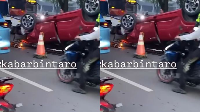 Sering terjadi lakalantas, kini kembali mobil terguling di depan Pom bensin BP depan Emerald Core. Rabu, 4/6/2025