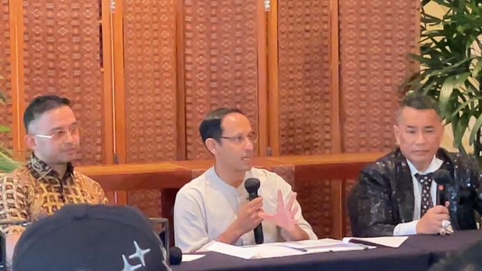Konferensi pers Nadiem Makarim terkait kasus dugaan korupsi pengadaan Chromebook di Kemendikbudristek. (NTVNews.id) 