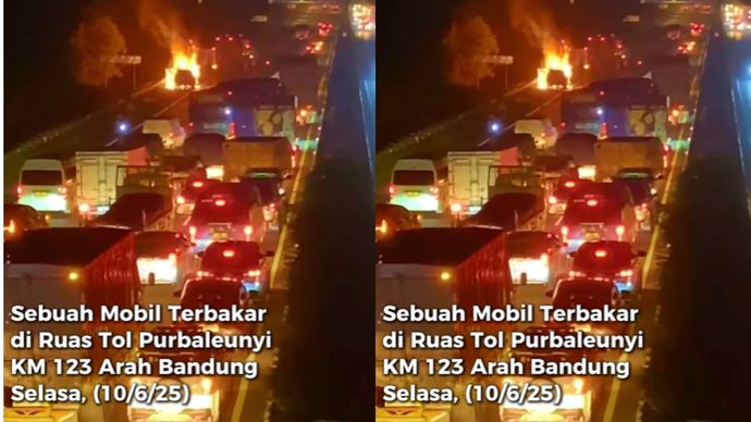 Sebuah mobil terbakar di ruas Jalan Tol Purbaleunyi KM 123 arah Bandung, Selasa (10/6/25) sekitar pukul 19.30 WIB.