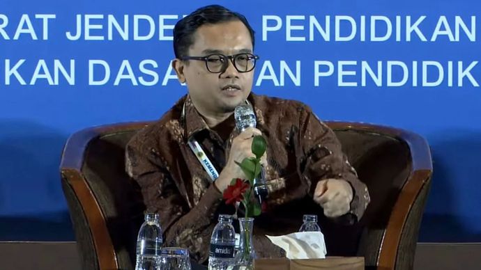 Direktur Jenderal Pendidikan PAUD Dikdasmen Kemendikdasmen, Gogot Suharwoto, memberikan paparannya dalam Forum Bersama Pengawasan SPMB 2025/2026 yang digelar di Jakarta Pusat pada Rabu, 11 Juni 2025