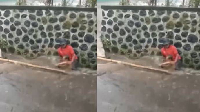 Momen Penyelamatan Warga Yang Terseret Arus saat Hujan 