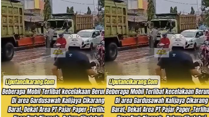  laka beruntun terjadi di jalan tidak jauh sebelum SPBU Warbong yaitu di jalan Garsaw Kalijaya Cikarang Barat di Area Fajar Paper Pada Rabu sore (18/6/2025).