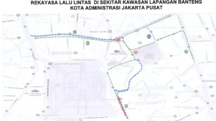 Rute rekayasa lalu lintas di sekitar Lapangan Banteng pada 22 Juni 2025, bertepatan dengan Hari Ulang Tahun ke-498 Kota Jakarta.