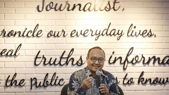 Bonifasius Wahyu Pudjianto, Kepala Badan Pengembangan Sumber Daya Manusia (BPSDM) Komunikasi dan Digital, berbicara di acara 