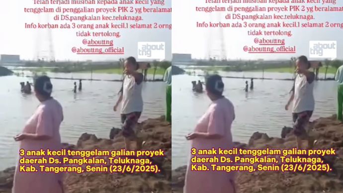 Warga Ds. Pangkalan, Teluknaga, Kabupaten Tangerang dikejutkan dengan kejadian 3 orang anak kecil tenggelam di galian proyek, Senin (23/6/2025) sore.  Menurut informasi warga di sana, ketiganya sudah dievakuasi namun hanya 1 anak saja yang selamat. Sementara 2 anak lagi dinyatakan meninggal dunia.