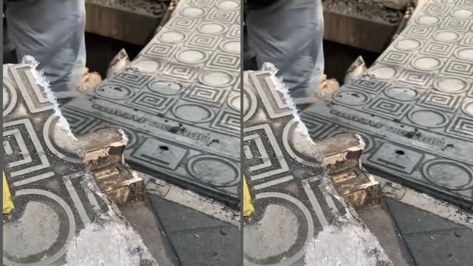 Truk yang parkir di atas trotoar mengakibatkan penutup gorong-gorong trotoar amblas di Jalan Jatinegara Timur, Jakarta Timur pagi tadi, Senin (23/6/2025).