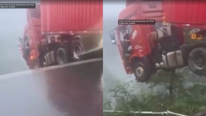 Sopir Truk Nyaris Jatuh dari Jembatan yang Ambruk Akibat Longsor di China