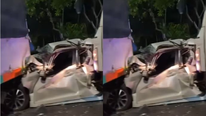 Kecelakaan yang melibatkan 2 Truck dan 1 Mobil City Car/Hatchback di dekat Lampu Merah Halim/Pintu TOL.