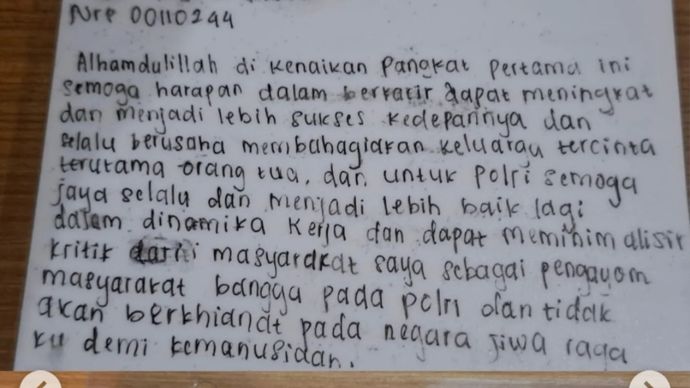 Tulisan yang jadi pesan terakhir Bripda Priyo Budiharto. 