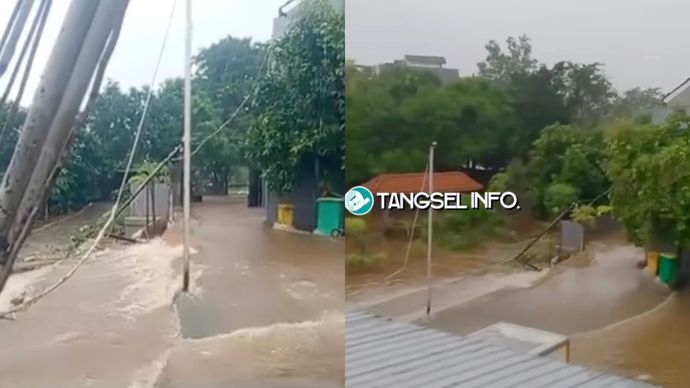 Banjir parah di Ciputat bikin tembok jebol.