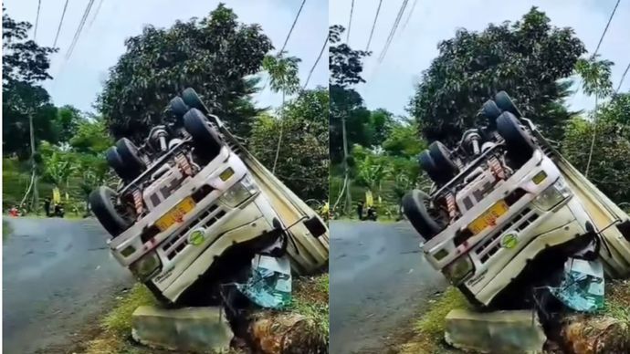 truk rebahan di jalan Cikidang