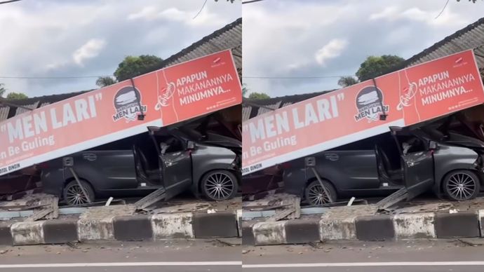 Jumat (18/7) Telah terjadi kecelakaan mobil menabrak warung makan babi guling di Jln. Denpasar - Singaraja, Banjar Den Kayu, Mengwi.