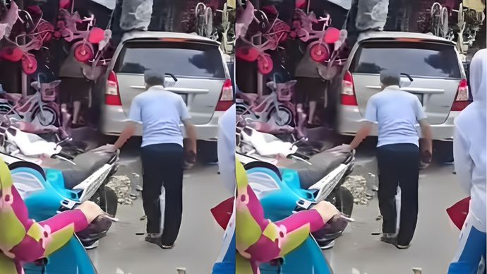 Sebuah mobil jenis Kijang Inova dengan nomor polisi B 1019 UOB menabrak sebuah toko sepeda di Pasar Lontar, Jakarta Utara, Sabtu 19 Juli 2025.
