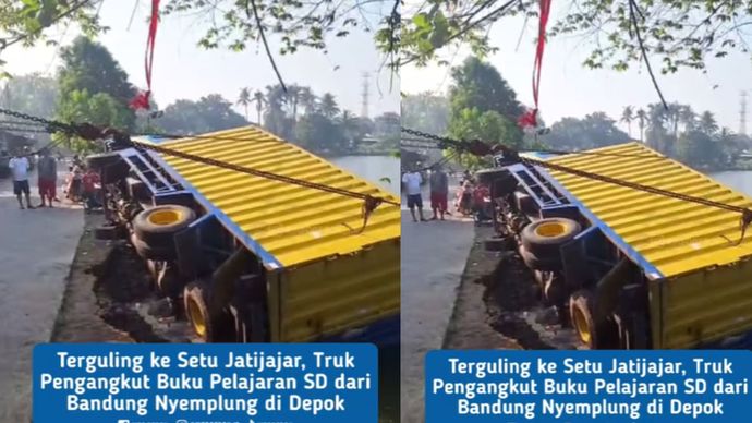 Truk terguling di Setu jatijajar depok